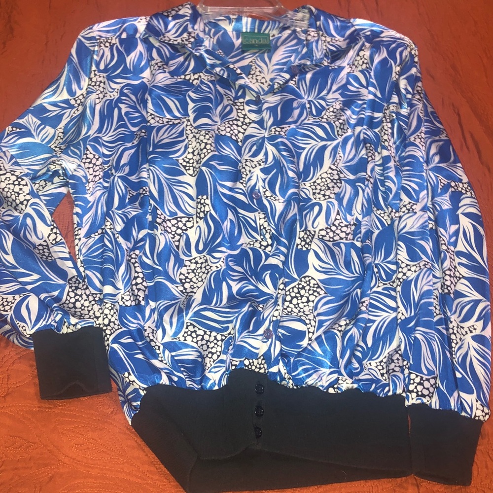 VINTAGE CANDA SILKY  Blue/White Leaf Print Blouse/Jacket Shoulder pads AWESOME